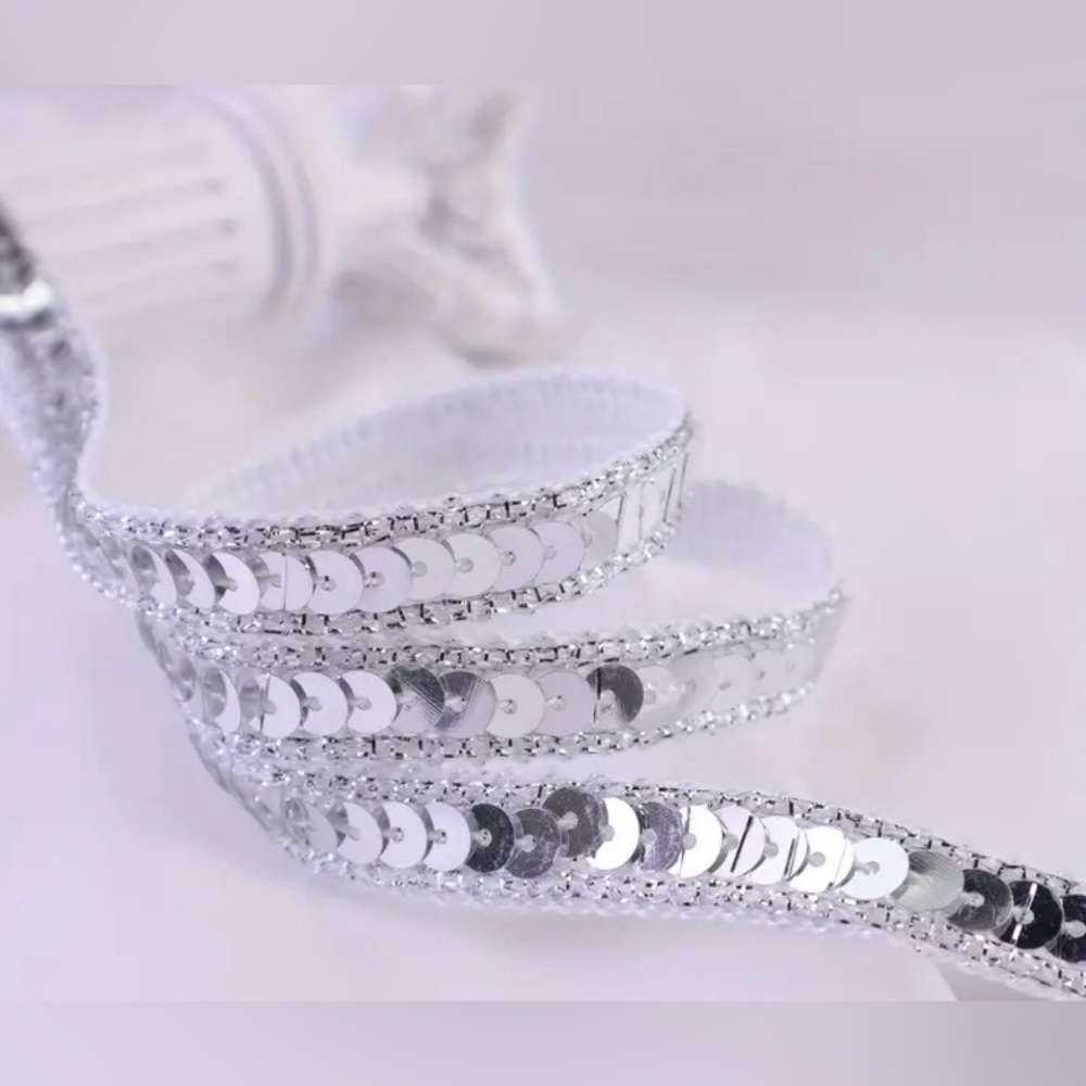 1 Yard Silver Stretch Sequin Appliquรฉ Trim for Crafts and Clothes, New